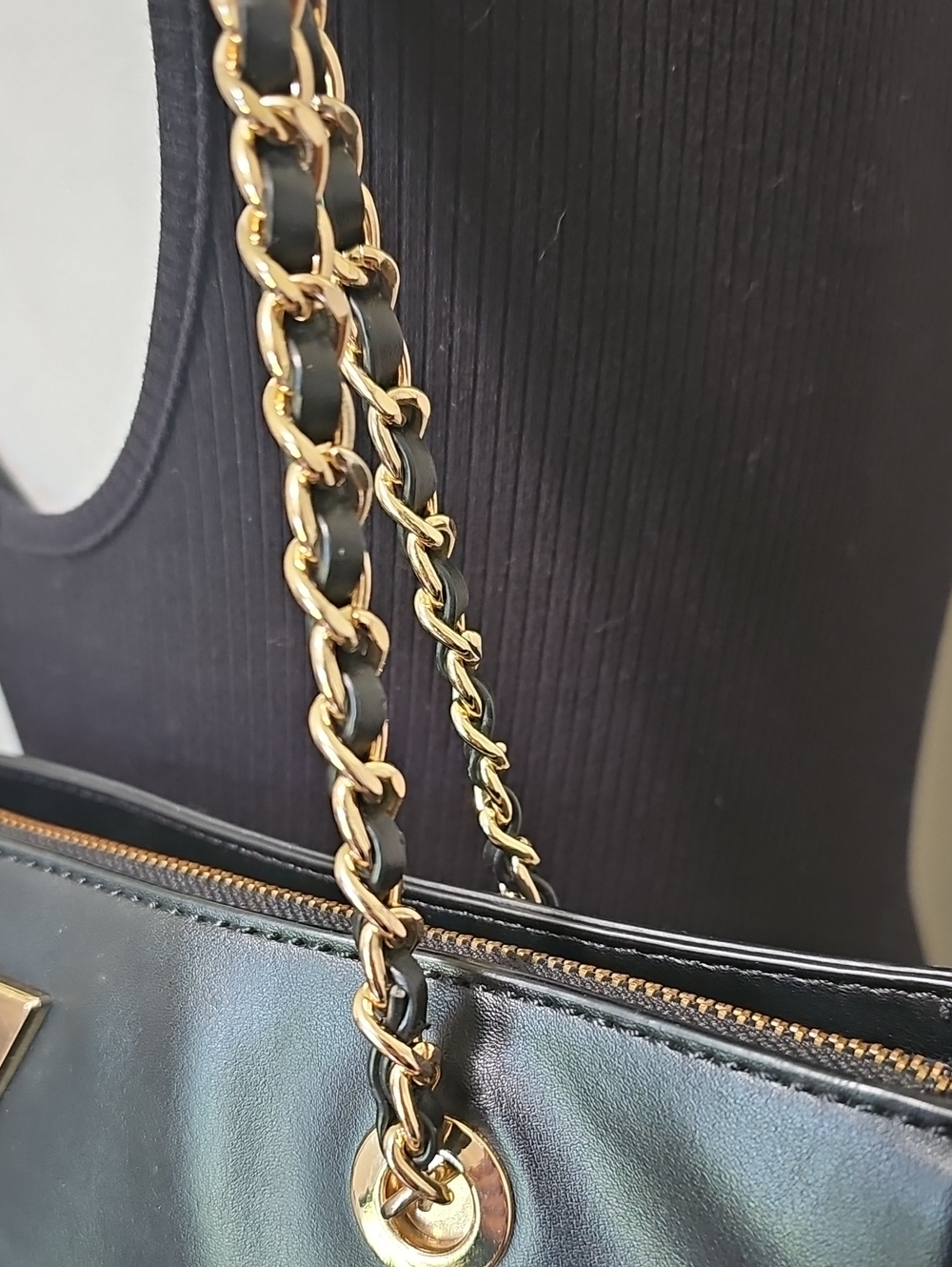 GUESS Black Faux Leather Tote with Gold Chain Straps - Picture 3 of 6